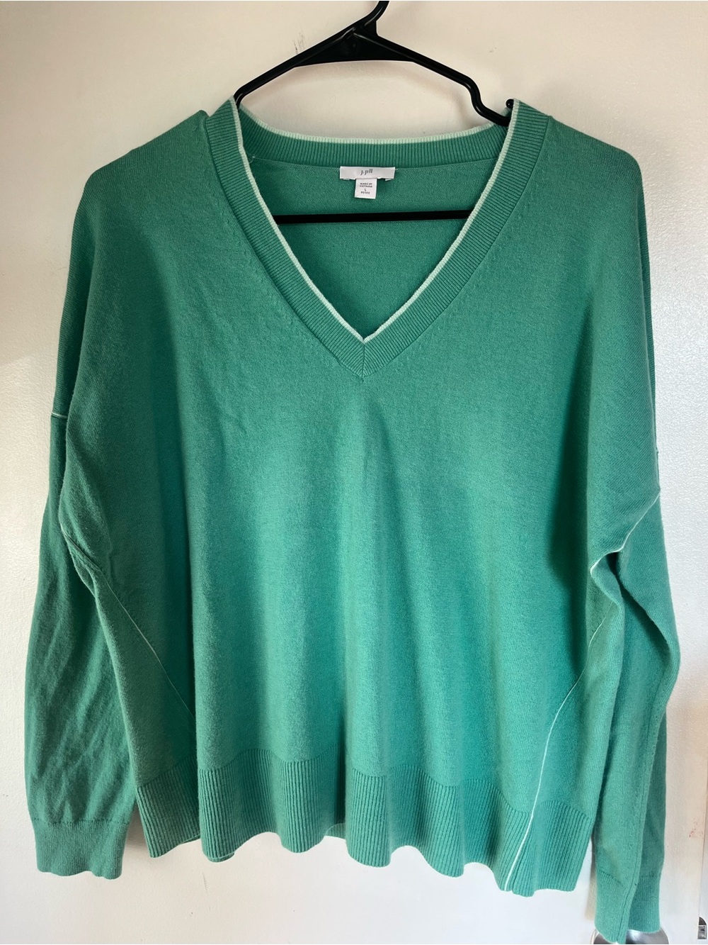 J.Jill Seafoam Green V-Neck Sweater Large Petite Cotton Blend Relaxed Knit Top